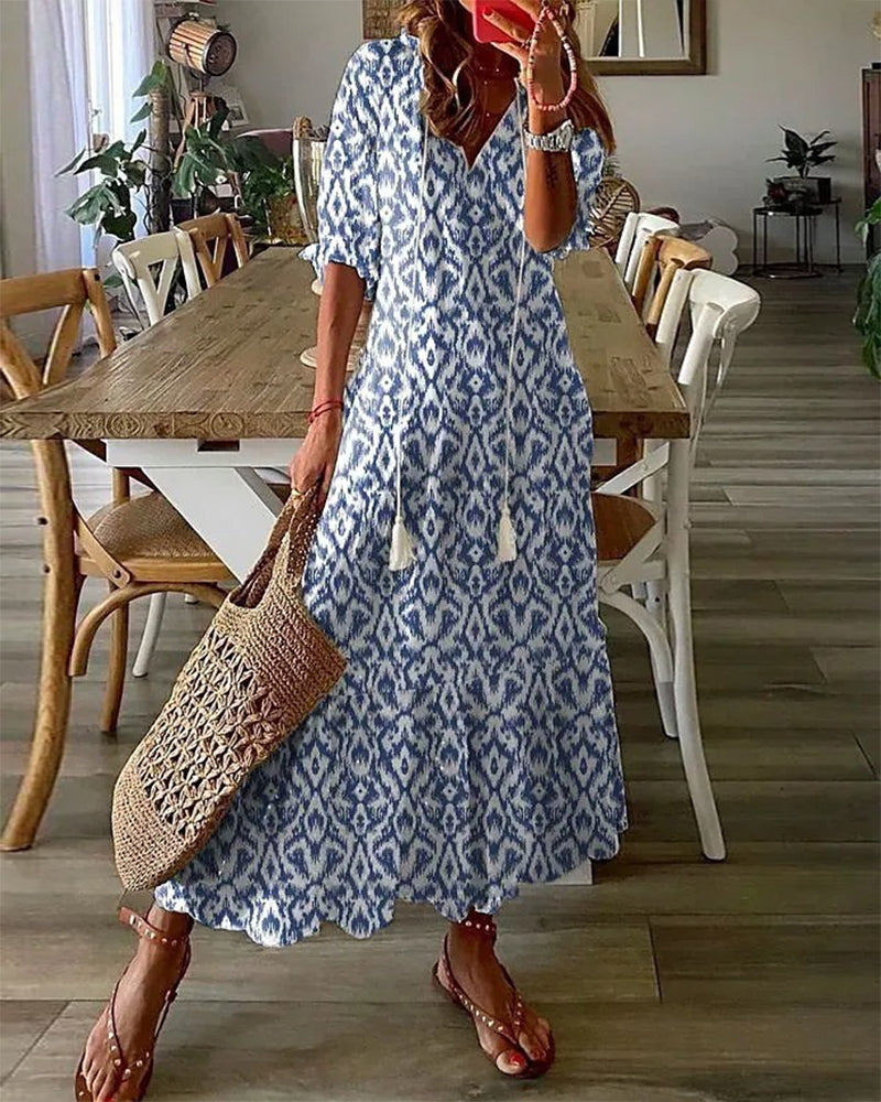 BARILA - Maxi Dress with Geometric Print and V-Neck