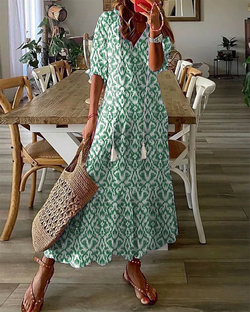 BARILA - Maxi Dress with Geometric Print and V-Neck
