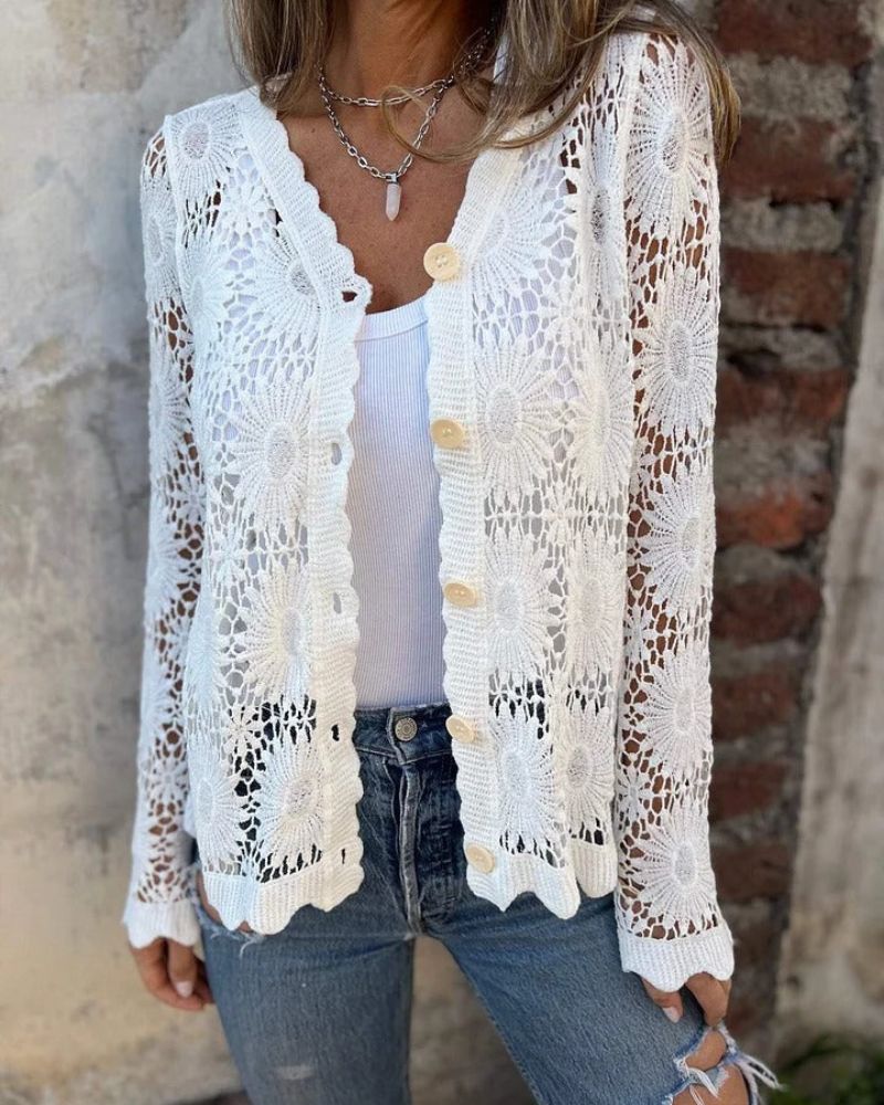 NALIE - Cardigan Boutonné avec Détails en Crochet