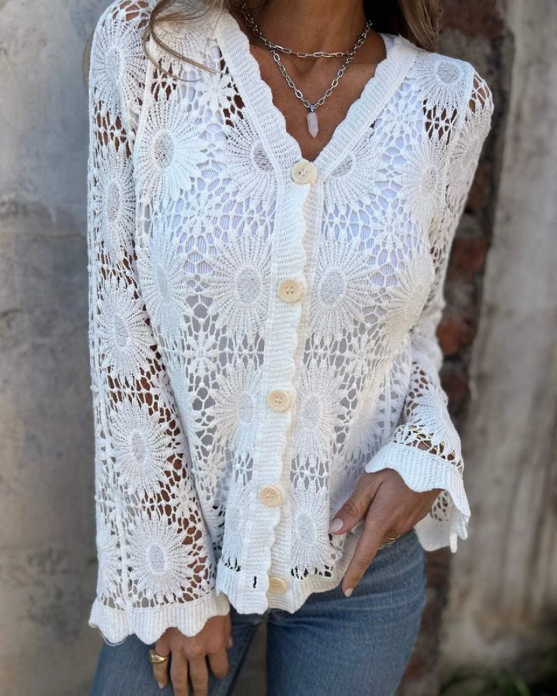 NALIE - Cardigan Boutonné avec Détails en Crochet
