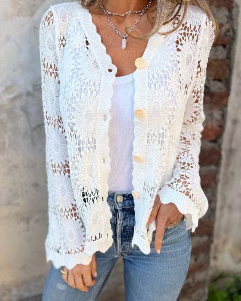 NALIE - Cardigan Boutonné avec Détails en Crochet