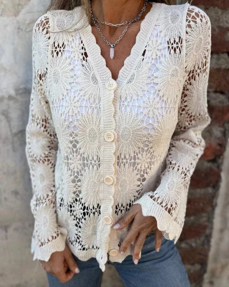 NALIE - Cardigan Boutonné avec Détails en Crochet