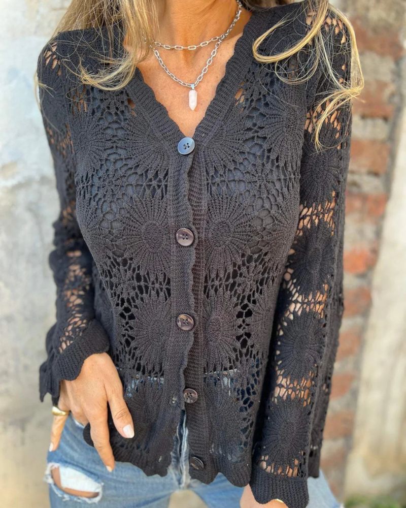 NALIE - Cardigan Boutonné avec Détails en Crochet