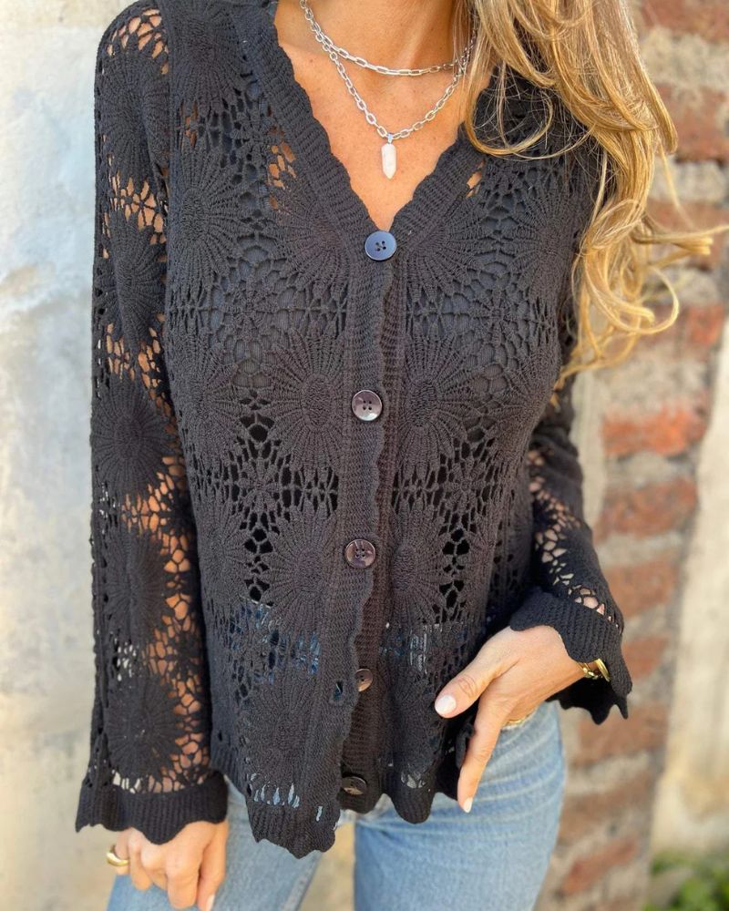 NALIE - Cardigan Boutonné avec Détails en Crochet