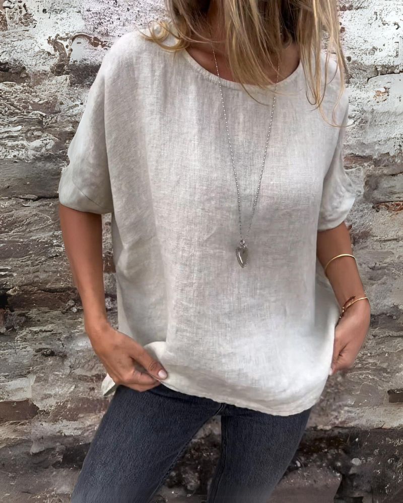 BAUA - T-shirt en Coton et Lin à Encolure Ronde